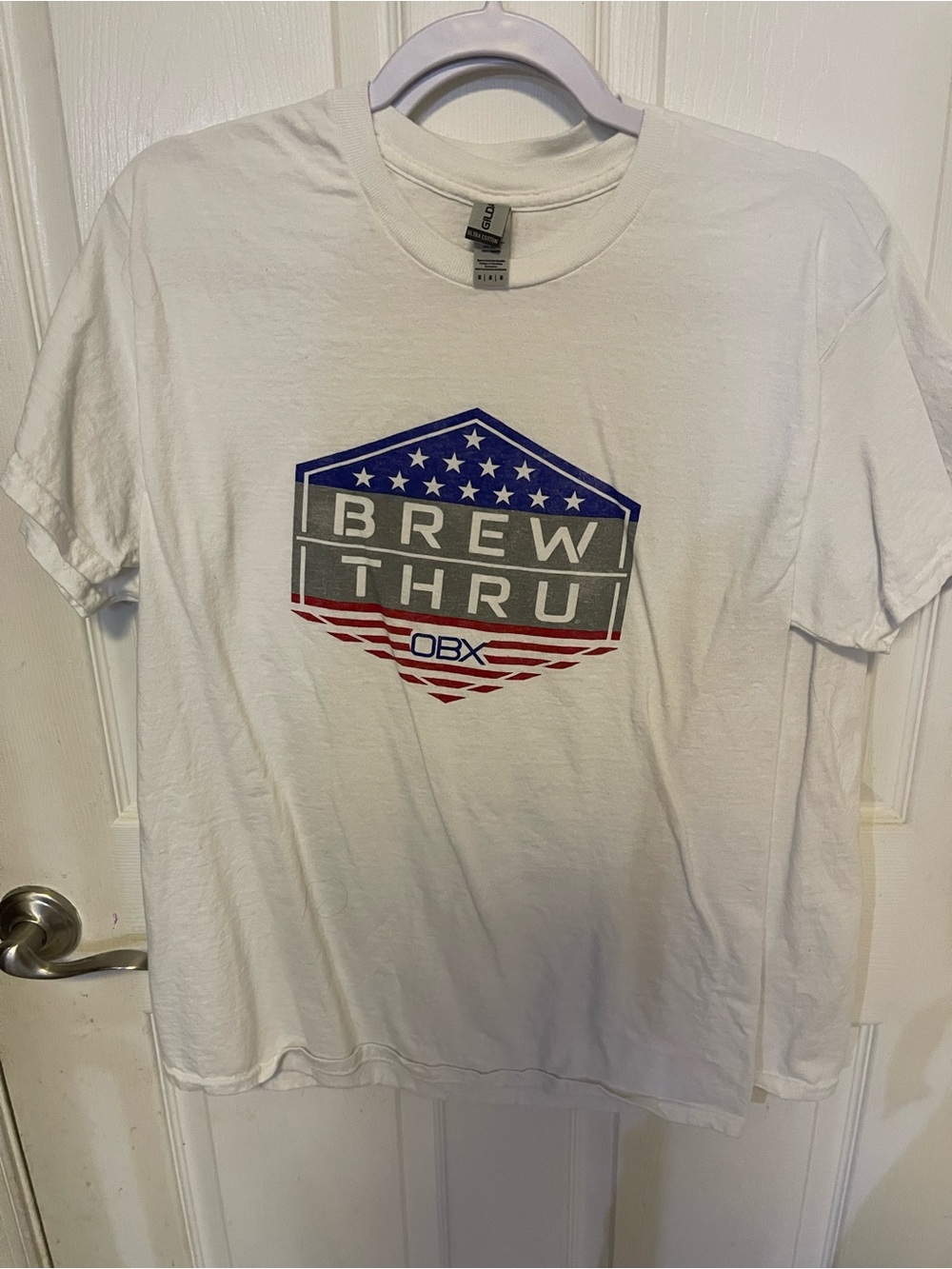Gildan White Short Sleeve Tee with Red, Blue and Gray Brew Thru OBX Graphic